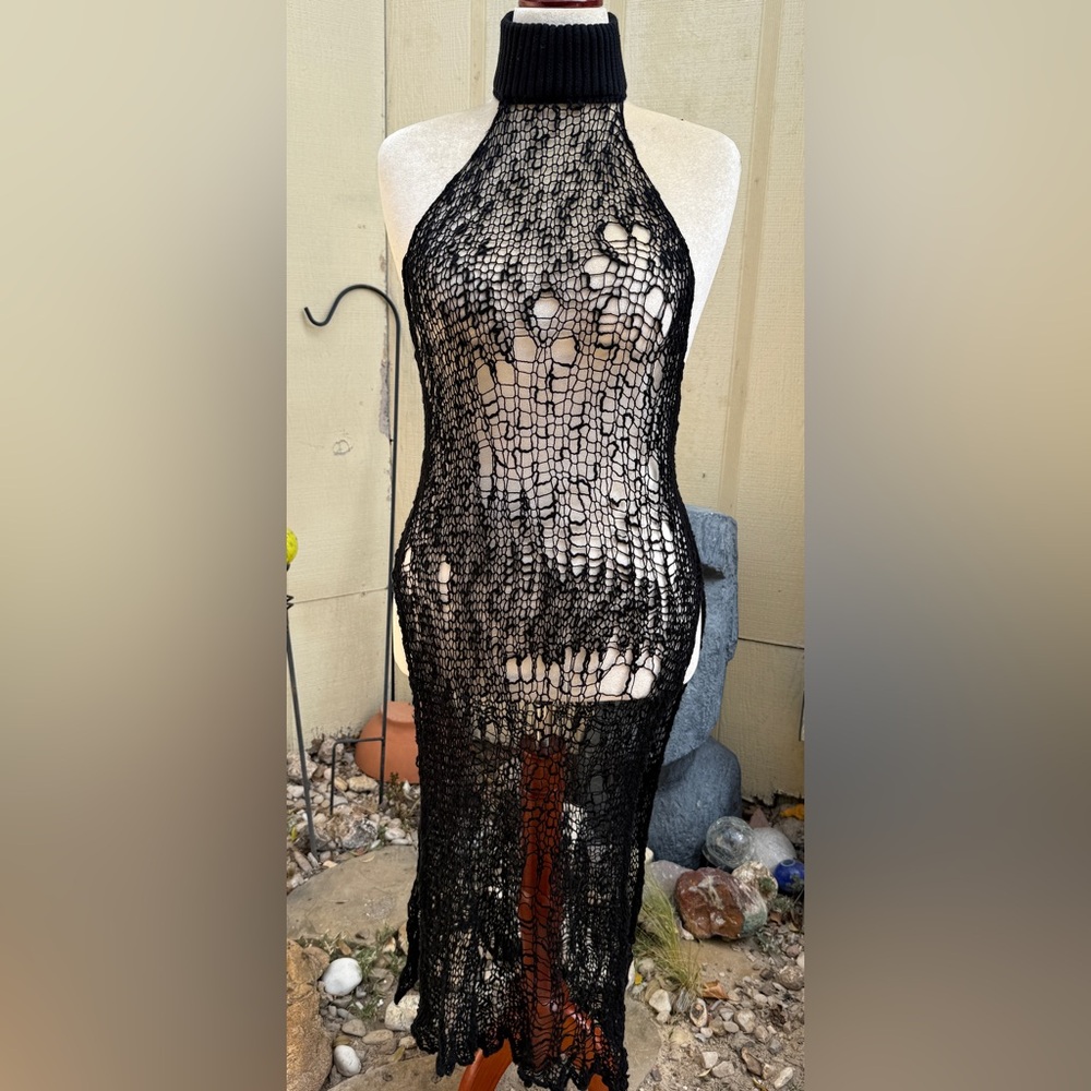 Darker Wavs Dolls Kill Obsidian Open Knit Sweater Tunic Dress High Side Slits